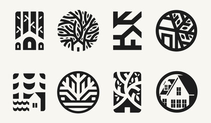 House or apartment under big old tree. Simple vector logo mark template or icon of building for modern real estate company or cozy home family guest house hotel