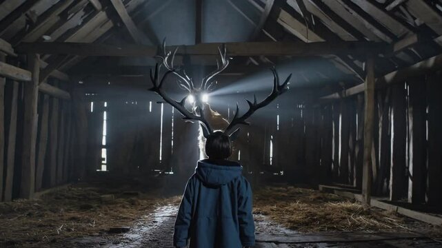 Enfant face &agrave; un cerf mystique dans une grange abandonn&eacute;e