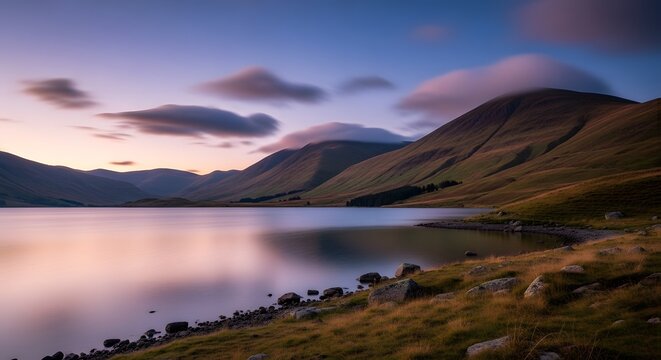 Serene landscape of lake with mountainous backdrop captured during sunset hours showcasing tranquil reflections and muted color palette.
