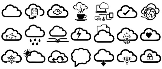 Fototapeta premium Grid of stylized cloud icons representing various concepts of connectivity, technology, and weather on transparent background