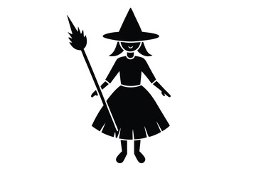 witch with broom black and white