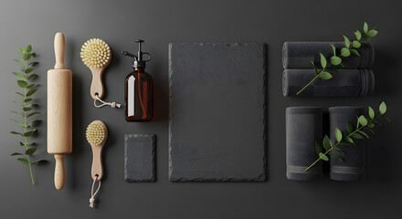 An aesthetic flat lay composition of spa essential with a minimalistic style, showcasing bath tools and greenery on a sleek dark backdrop.