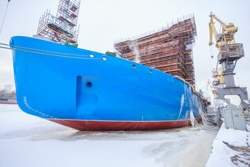 Construction of an icebreaker at a shipyard.