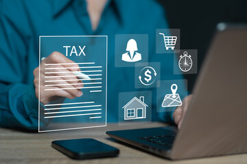 Payment of income tax and annual tax calculation concept, Businesswomen online document data check...