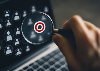 A hand holds a magnifying glass focused on a target icon over a computer screen displaying numerous user profiles
