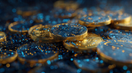 Digital currency with glowing abstract crypto coins in blockchain environment