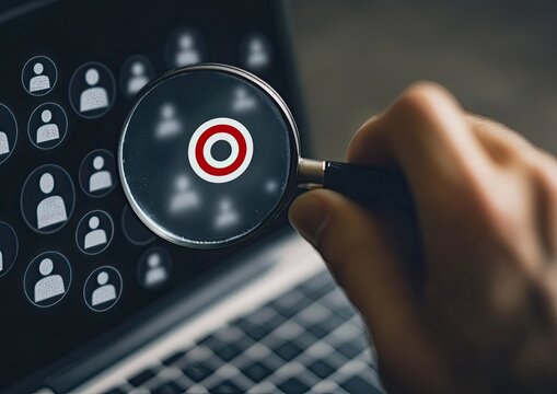 A hand holds a magnifying glass focused on a target icon over a computer screen displaying numerous user profiles