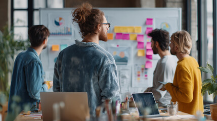 Modern startup concept with diverse young professionals brainstorming in creative office