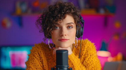 Young woman speaking into professional microphone in modern home studio