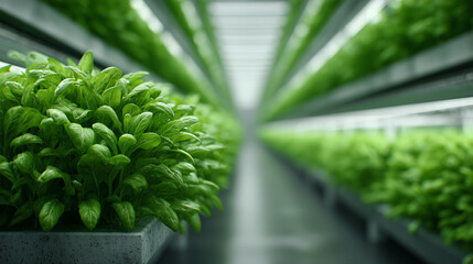 Indoor vertical farming setup with lush plants under led grow lights