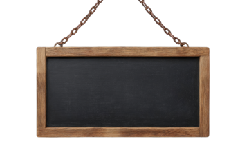 Rustic wooden framed chalkboard hanging on chains