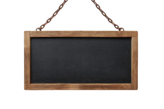 Rustic wooden framed chalkboard hanging on chains