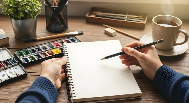 hands holding blank sketchbook and pencil on wooden desk with watercolor paints, art supplies, and hot tea, depicting creativity and a cozy artistic hobby - Powered by Adobe