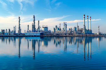 Naklejka premium 夕暮れの海沿いに佇むエネルギー工場と静かな水辺