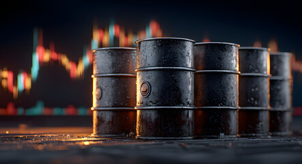 Oil Price Volatility: Crude oil barrels sit before a fluctuating stock market graph, symbolizing the instability and uncertainty of the global energy market.