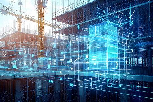 昼間に進行する高層建設とホログラム建築設計の融合