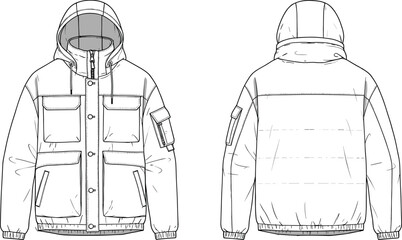 Hooded technical jacket front and back, cad drawing flat vector illustration, flap and zipper pockets, ribbed cuffs, structured outerwear design © Bokul Creatives