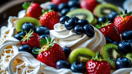 Fototapeta premium Delicious pavlova cake is decorated with fresh strawberries, blueberries, and kiwi fruit, topped with sweet whipped cream.