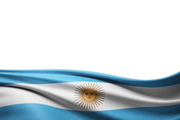 A cinematic shot captures the bottom portion of a vibrant Argentinian flag, showcasing its blue and white stripes and sun emblem, with expansive copy space above