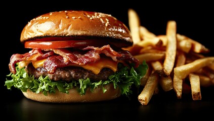 Close-up of a bacon cheeseburger with french fries.  A juicy burger topped with crispy bacon, melted cheese, lettuce, tomato, on a sesame seed bun. 