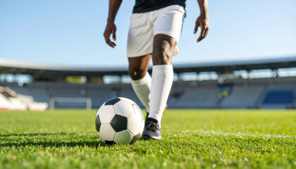 Fototapeta premium Soccer Player Approaching Ball on Field with Bright Arena Background