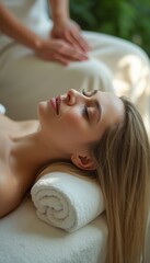 Relaxing spa treatment with a serene woman enjoying a massage