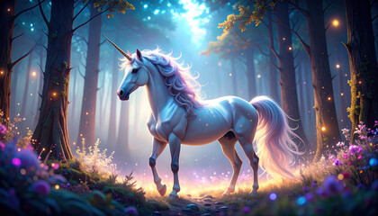 Enchanted Unicorn Standing Gracefully in a Mystical Forest Setting