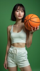 Confident woman holding a basketball against a vibrant green backdrop