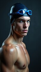 Focused male swimmer in a sleek cap and goggles