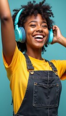 Joyful girl enjoying music with headphones