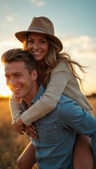 Joyful couple sharing a playful moment in a sunlit field