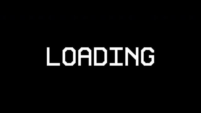 Loading text animation with a glitch effect. Cyberpunk text with an old TV distortion effect. Retro, vintage 8-bit game style. Embedded alpha channel. ProRes 4444