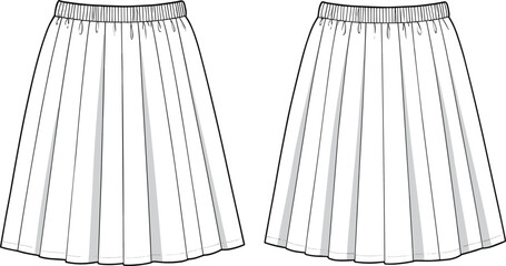 Pleated skirt cad drawing flat vector illustration, garment technical sketch, front and back views, sewing pattern, fashion design layout