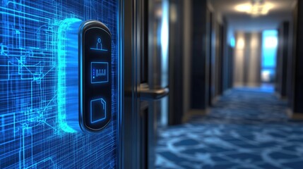 A close up shot of a digital door control panel showing an elevator call button with an open door leading to a blurry hotel hallway with blue carpets and dim lighting.