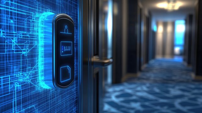A close up shot of a digital door control panel showing an elevator call button with an open door leading to a blurry hotel hallway with blue carpets and dim lighting.