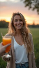 Joyful woman enjoying a sunset with a refreshing drink