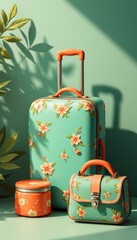 Charming floral luggage set against a serene green backdrop