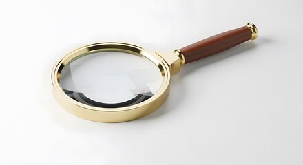 Magnifying glass close up for detail investigation and inspection tool on white background studio shot