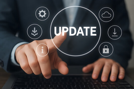 Businessman Updating Software Online - Powered by Adobe