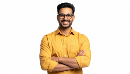 Confident Young Man in Yellow Shirt Smiling with Arms Crossed