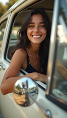Joyful woman smiling from a vintage car window