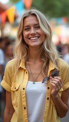 Cheerful young woman smiling at a vibrant outdoor festival