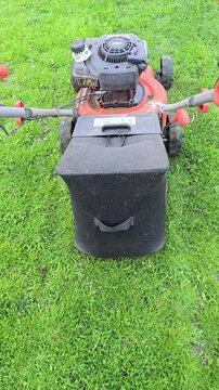A person's hand in a gardening glove operates a red and black lawnmower on a lush green lawn on a bright day.	Video 4k