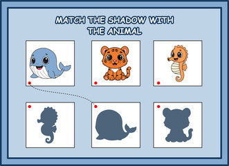 match the shadow with the animal kids worksheet. whale, tiger, seahorse