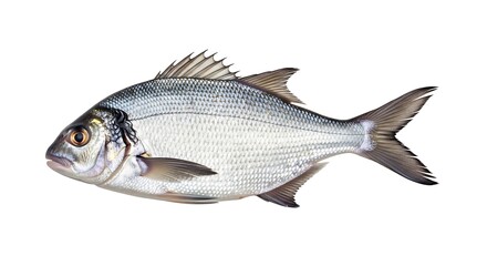 Fototapeta premium A silver seabream fish shown in a side view, against a stark white background. Fins are prominently displayed; it appears freshly caught and glistening.