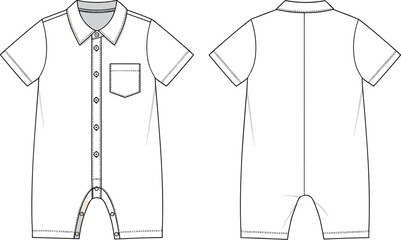 Short-sleeved buttoned romper cad drawing flat vector illustration, collared neckline, chest pocket, snap bottom closure, front and back sketch layout