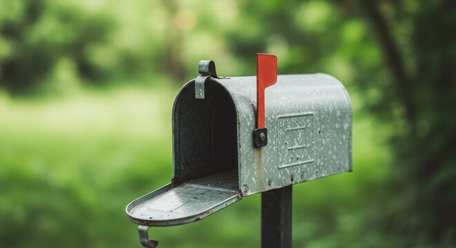 Metal mailbox with open door and red flag in green garden   - Powered by Adobe