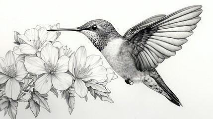 Fototapeta premium Detailed pencil drawing of a hummingbird in flight near flowers.