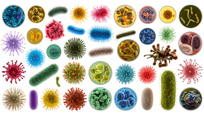 Colorful Microorganisms and Bacteria in Circular Petri Dishes