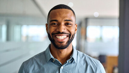 Happy young man with confident smile in modern workplace setting